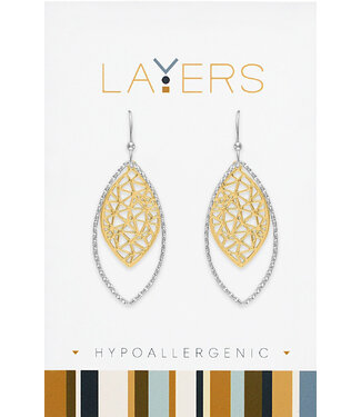 Silver Two-Toned Ribbed Geometric Leaf Dangle Layers Earrings