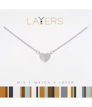 Silver Half CZ Heart Layers Necklace