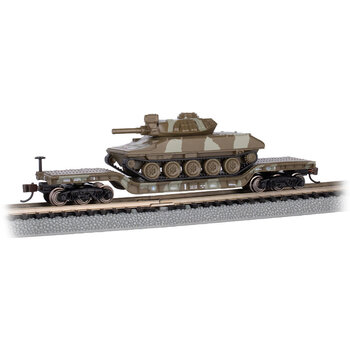 Bachmann N Scale Center Depressed Flat car with Sheridan Tank Green Camouflage # 71388