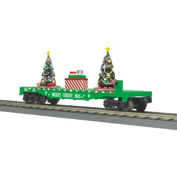 MTH Trains MTH O Christmas Flat Car w/Lighted Christmas Trees – Green # 30-76943