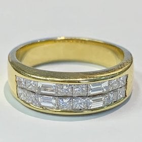 18kt yellow gold 2 row princess and baguette diamond band