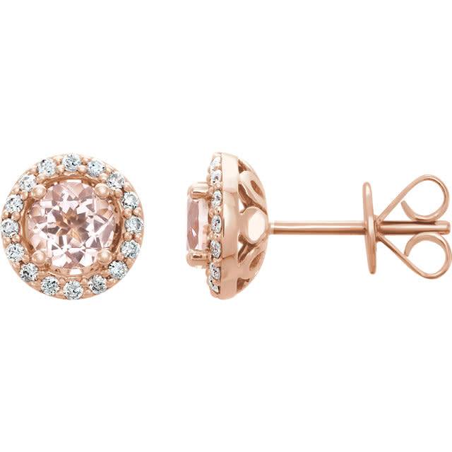 14kt rose gold morganite & diamond halo earrings