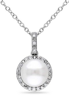 P0091P pearl and diamond halo pendant necklace