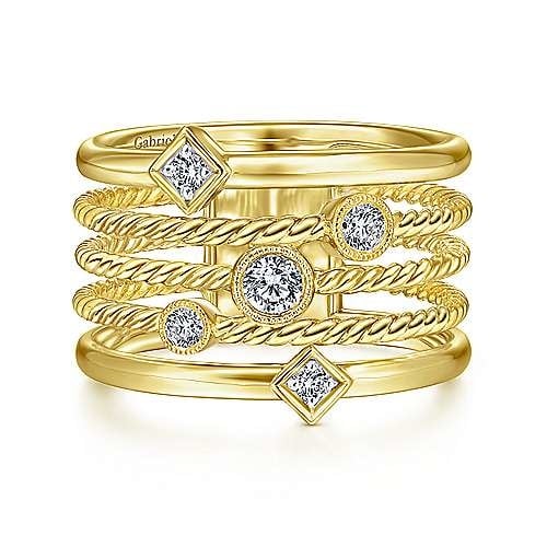 Gabriel & Co 14KT Yellow Gold Five Row Twisted Rope and Diamond Station Ring