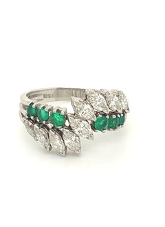 Platinum Marquise Diamond & Round Emerald Ring