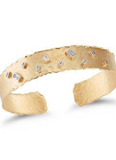 BIR258Y Hammered 14kt Yellow Gold Cuff with Baguette Diamonds