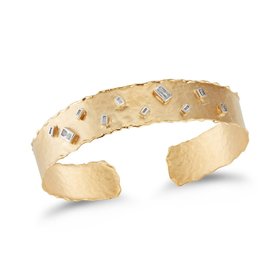 BIR258Y Hammered 14kt Yellow Gold Cuff with Baguette Diamonds