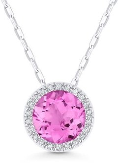 N1041PCW  Lab Pink Sapphire and Diamond Halo Necklace