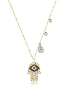 Hamsa & Evil Gold Necklace With Diamond Accent Charms