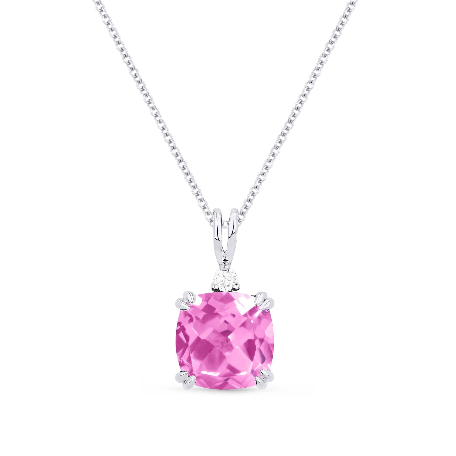 N1041PCW Lab Pink Sapphire and Diamond Halo Necklace - Freedman Jewelers