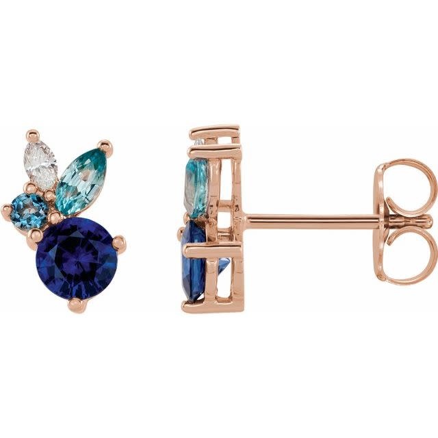 Stuller 14kt Gold Sapphire, Blue Zircon, Aquamarine & Diamond Cluster Earrings
