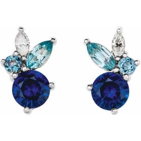 14kt Gold Sapphire, Blue Zircon, Aquamarine & Diamond Cluster Earrings