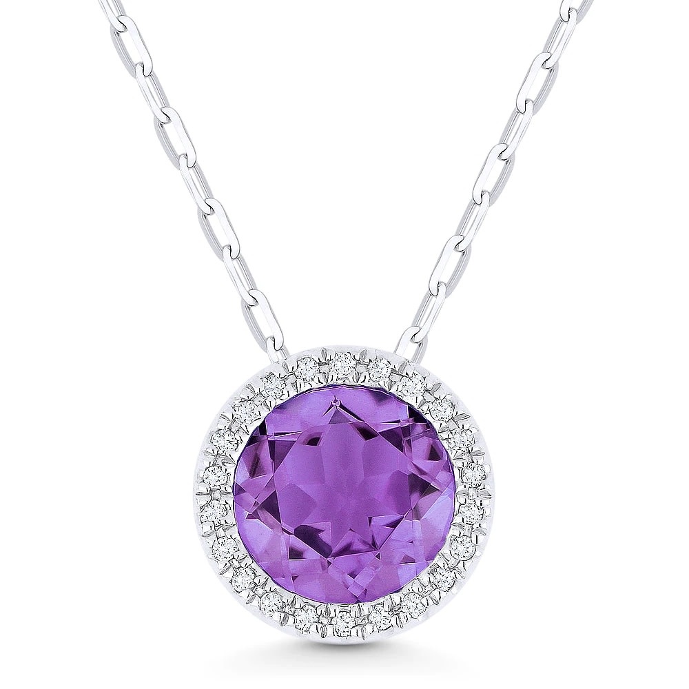 N1041PCW Lab Pink Sapphire and Diamond Halo Necklace - Freedman Jewelers