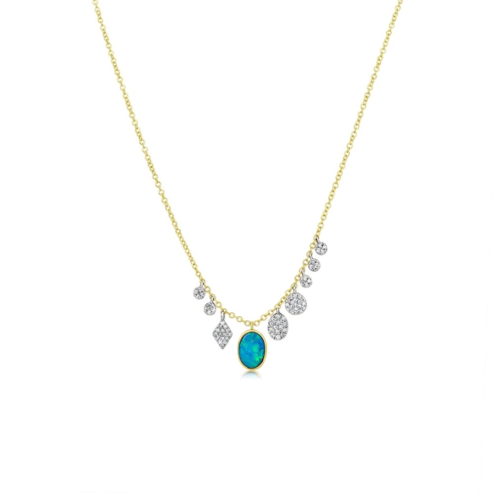 14kt yellow gold opal necklace with diamond bezels and charms