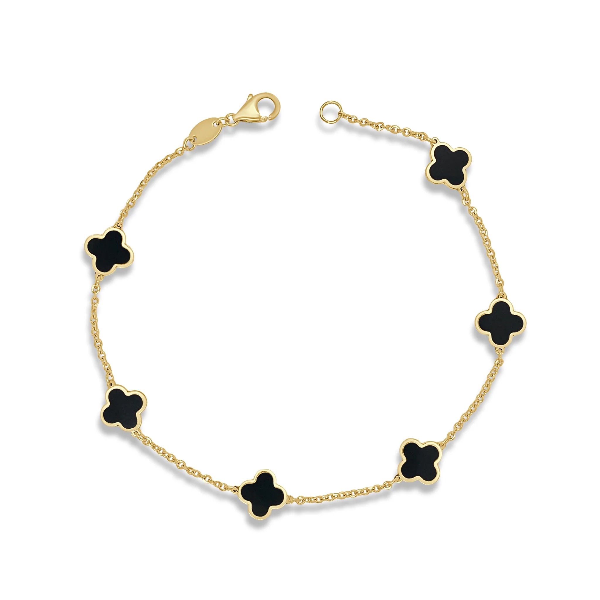 14k Gold Plated Black Clover Bracelet with Black Beads