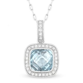 N1075 Blue Topaz & Diamond Halo Necklace