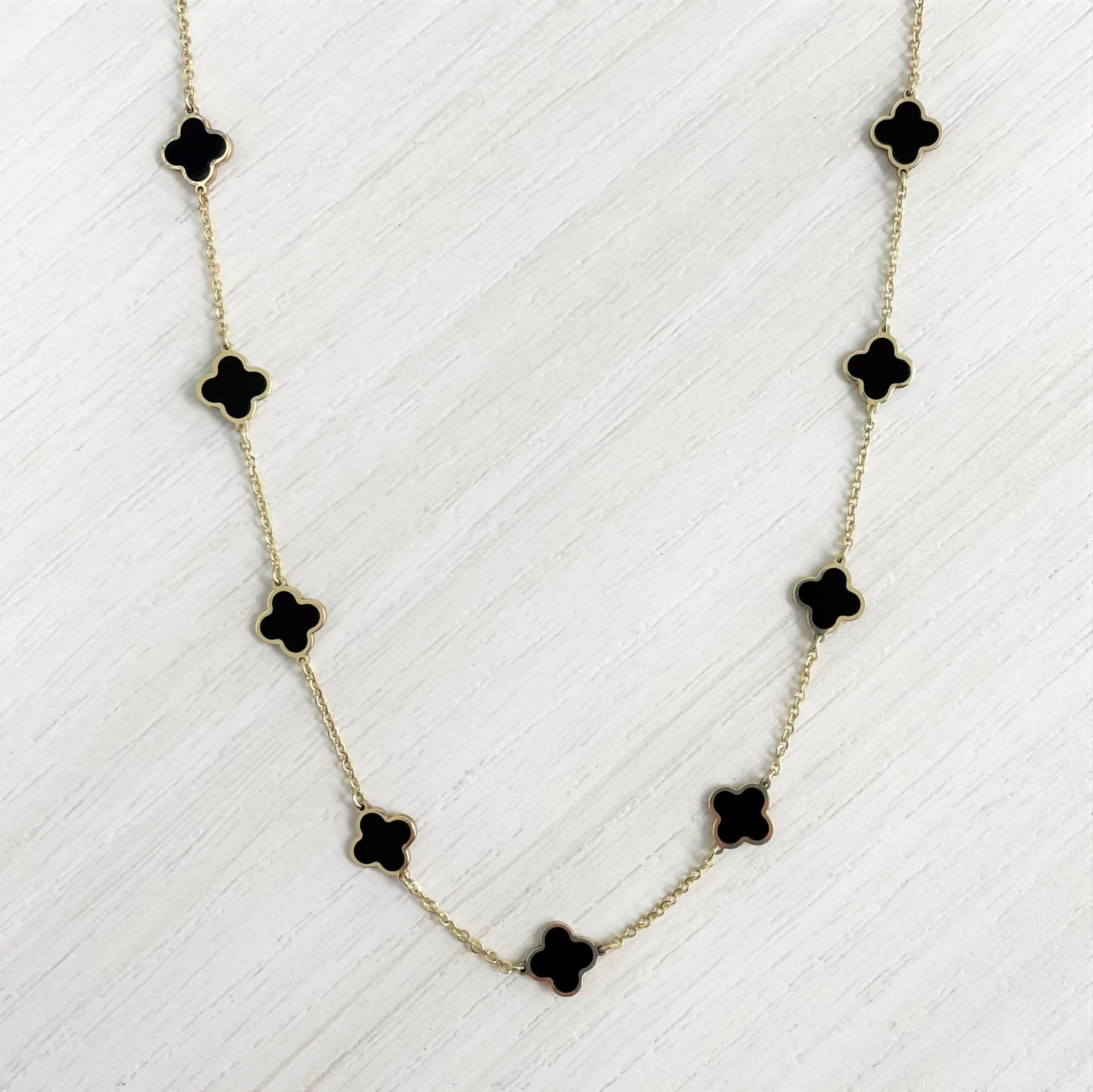 Sabrina 14kt Yellow Gold Black Onyx Clover Station Necklace