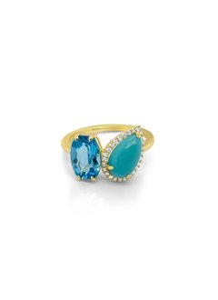 Yellow Gold Blue Topaz & Turquoise Ring
