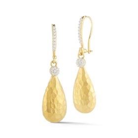14kt Yellow Gold Hammered Teardrop with Diamonds Earrings
