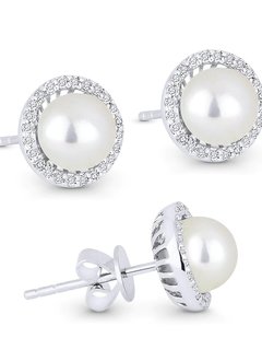 E1266PEP Pearl & Diamond Halo Stud Earrings