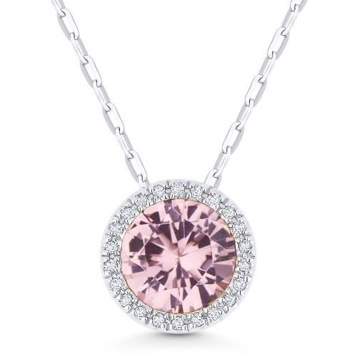 N1041PCW Lab Pink Sapphire and Diamond Halo Necklace - Freedman Jewelers