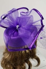 Sophia Collection Satin Pillbox Hat w/ Birdcage Detail & Wide Mesh Ribbon Crown