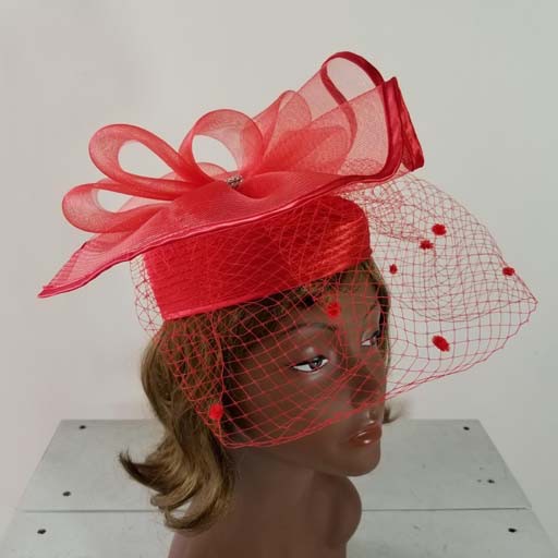 Sophia Collection Satin Pillbox Hat w/ Birdcage Detail & Wide Mesh Ribbon Crown