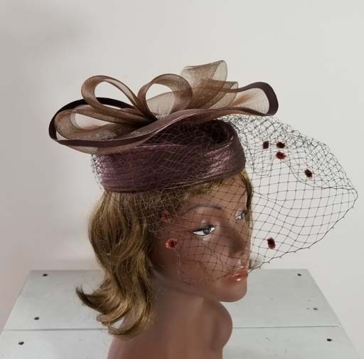 Sophia Collection Satin Pillbox Hat w/ Birdcage Detail & Wide Mesh Ribbon Crown