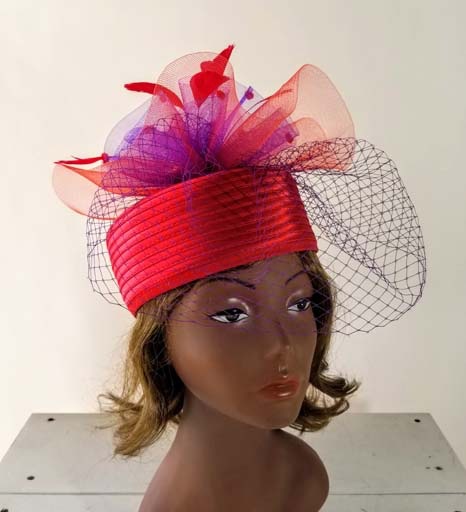 Sophia Collection Braid Pill Box Hat w/Mesh Veil and Feathers