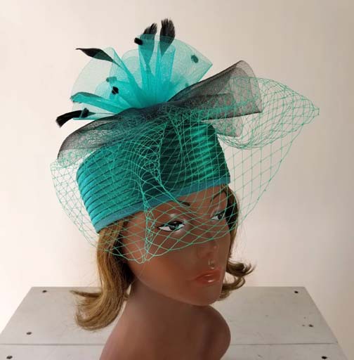 Sophia Collection Braid Pill Box Hat w/Mesh Veil and Feathers