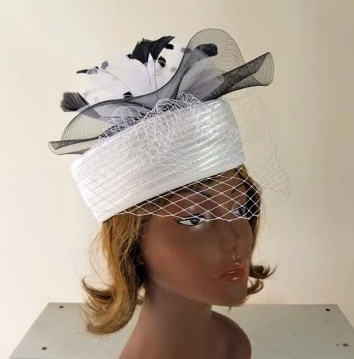 Sophia Collection Braid Pill Box Hat w/Mesh Veil and Feathers