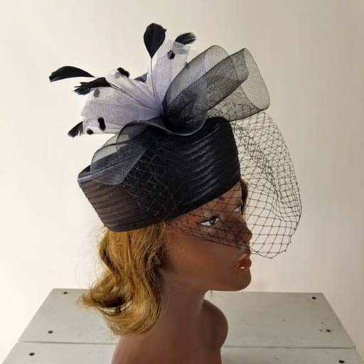 Sophia Collection Braid Pill Box Hat w/Mesh Veil and Feathers
