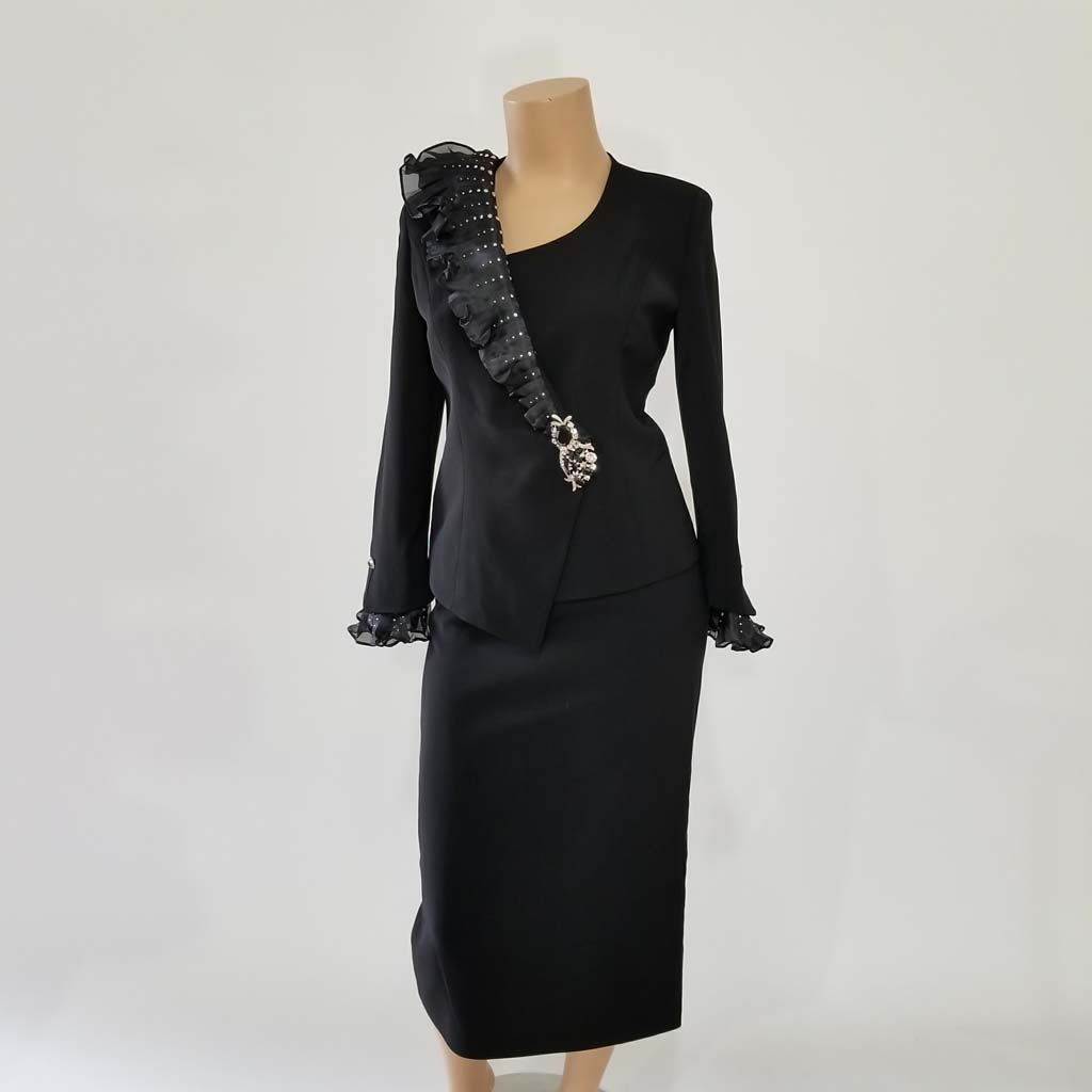 Nina Massini Black Skirt Suit w Ruffled Side