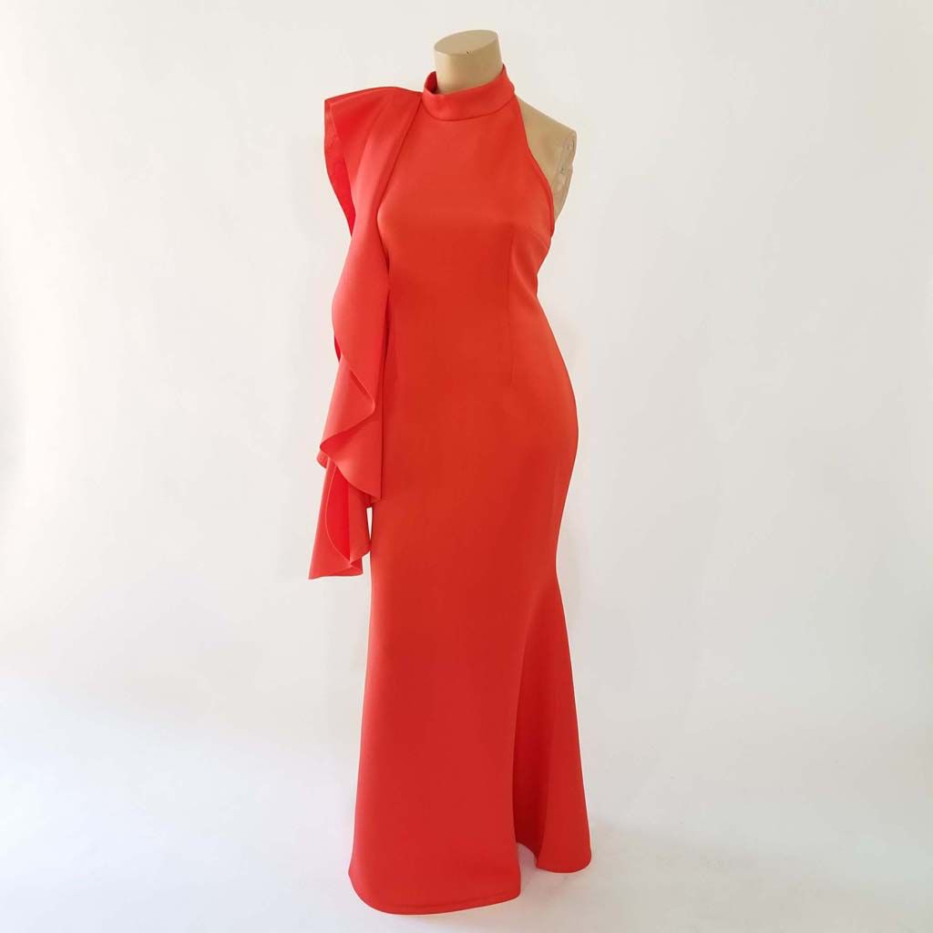 Fashion Terminal Scuba Long Dress Big Frill On Shoulder