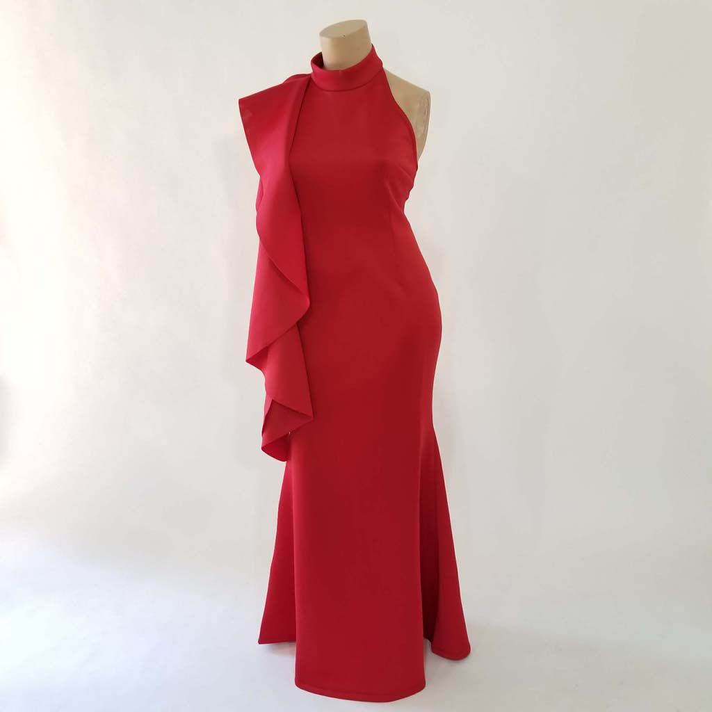 Fashion Terminal Scuba Long Dress Big Frill On Shoulder