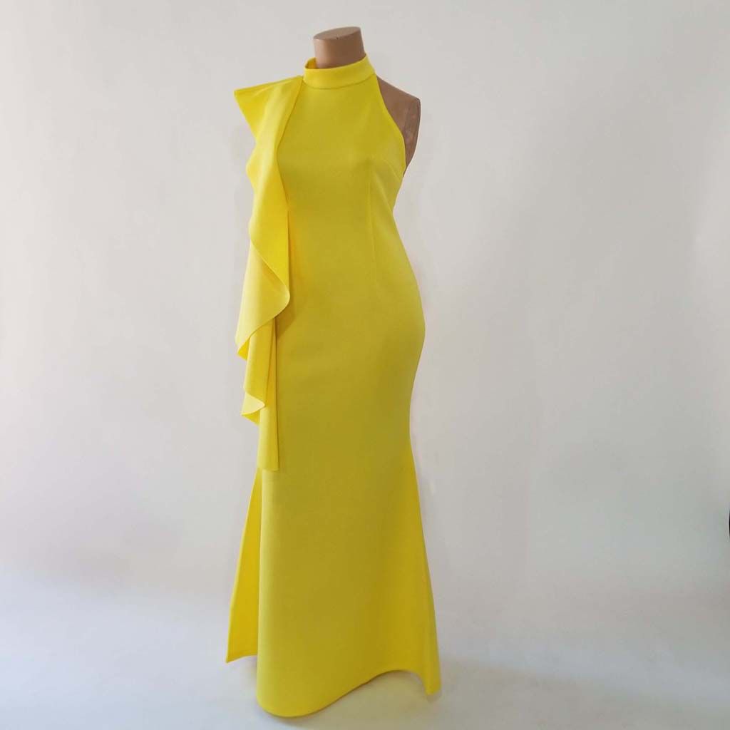 Fashion Terminal Scuba Long Dress Big Frill On Shoulder