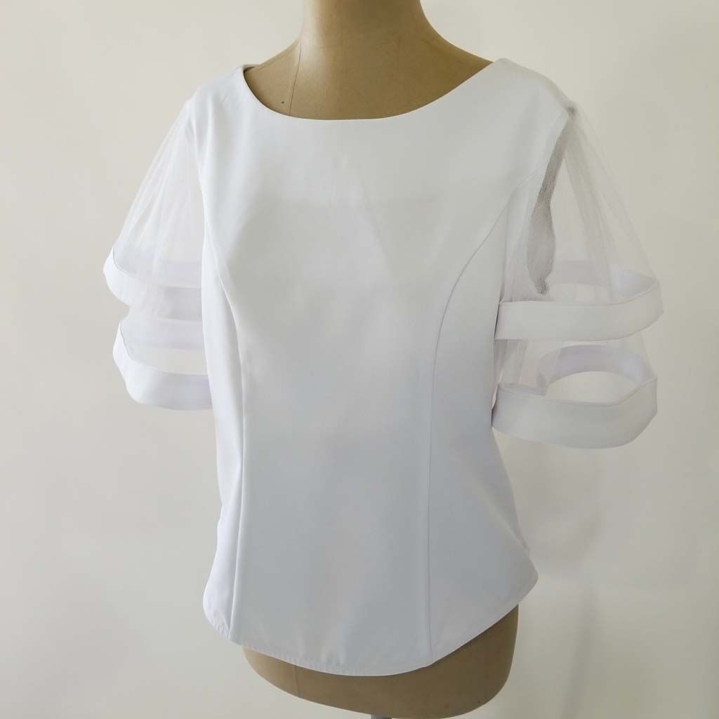 Tally Taylor Mesh Bell Sleeve White Top
