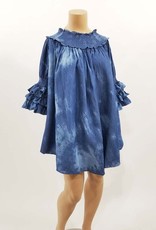 Smocked Neck w Ruffled Sleeves Denim Tie Dye Top