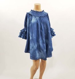 Smocked Neck w Ruffled Sleeves Denim Tie Dye Top