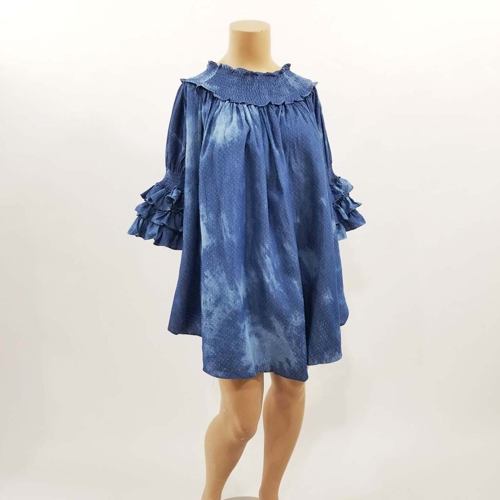 Smocked Neck w Ruffled Sleeves Denim Tie Dye Top