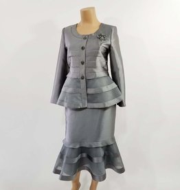 Serafina Silki Flared  Skirt w Organza  Embellished 2PC  Suit