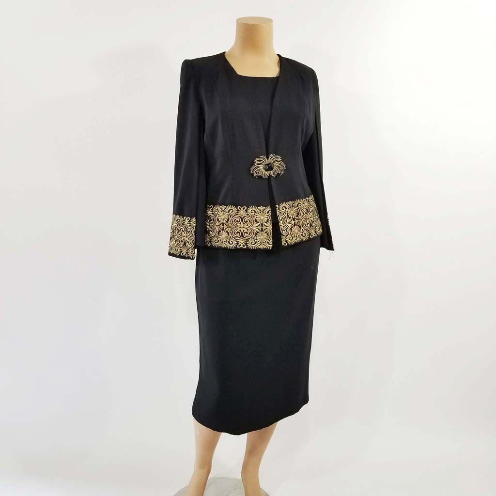Lily and Taylor Crepe 3PC Skirt Suit w Cape Jacket w Gold Lace