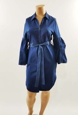 Denim Long Sleeves Short Dress in a Relaxed Style w a Collar a Waist Tie and 3/4 Puffy Sleeves