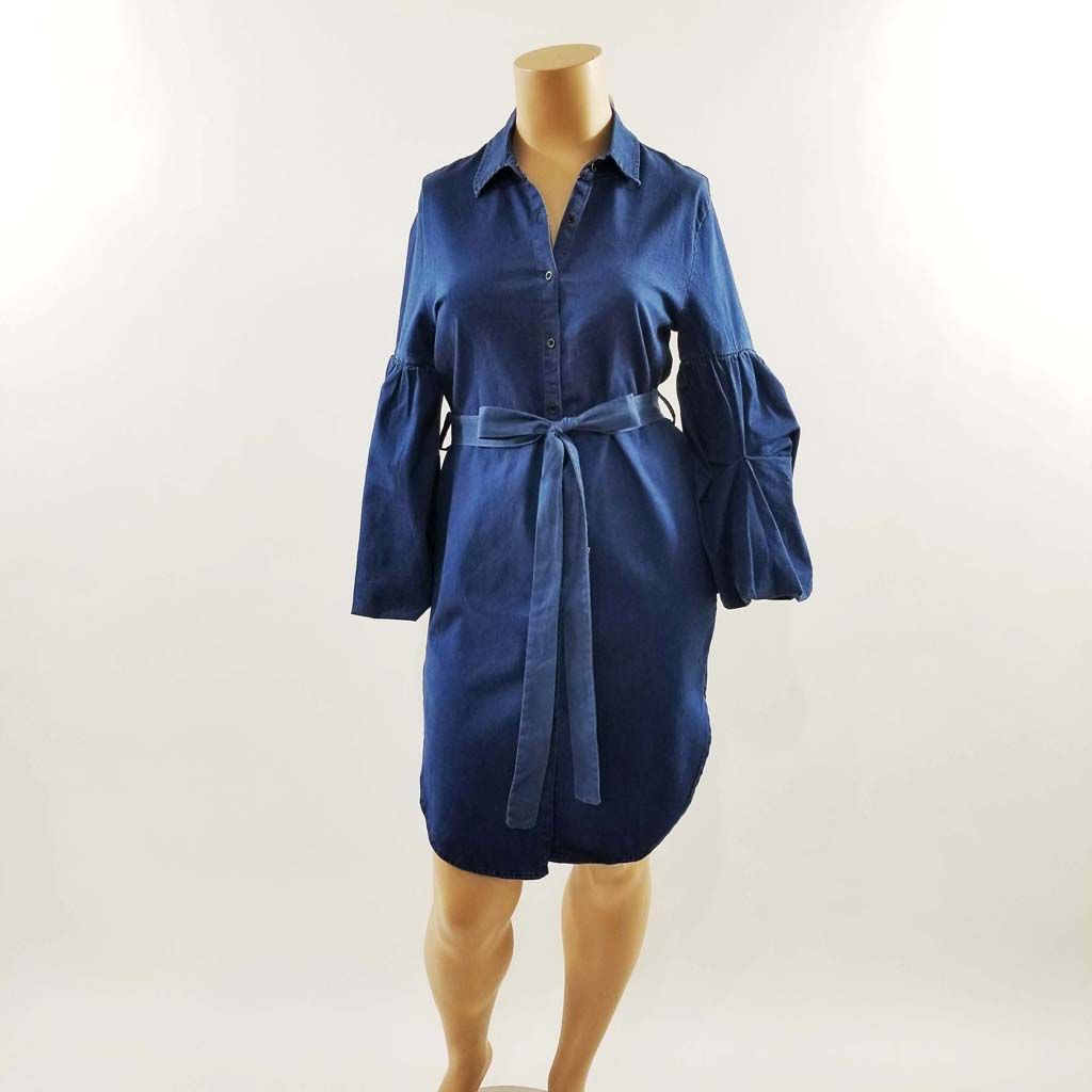 Denim Long Sleeves Short Dress in a Relaxed Style w a Collar a Waist Tie and 3/4 Puffy Sleeves