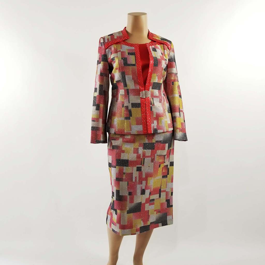 Serafina Black Multi 3PC Skirt Suit w Rhinestone