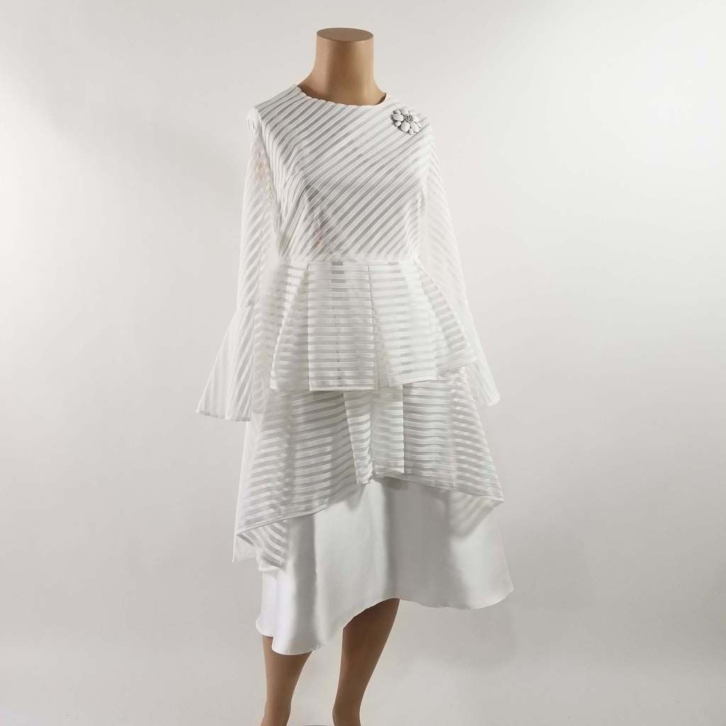 Ella Belle Striped Mesh Hi Lo Skirt Set w Flared Sleeve Top