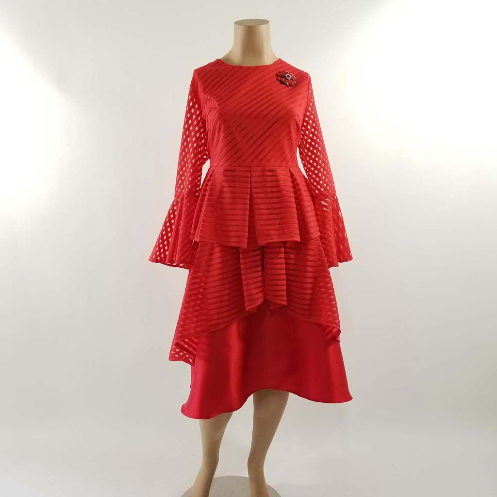 Ella Belle Striped Mesh Hi Lo Skirt Set w Flared Sleeve Top