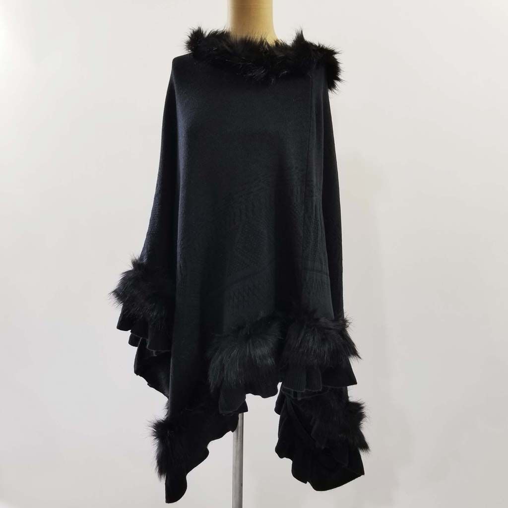 Fur Neck and Ruffled Hem Sweater Knit Poncho - Fashion Tree