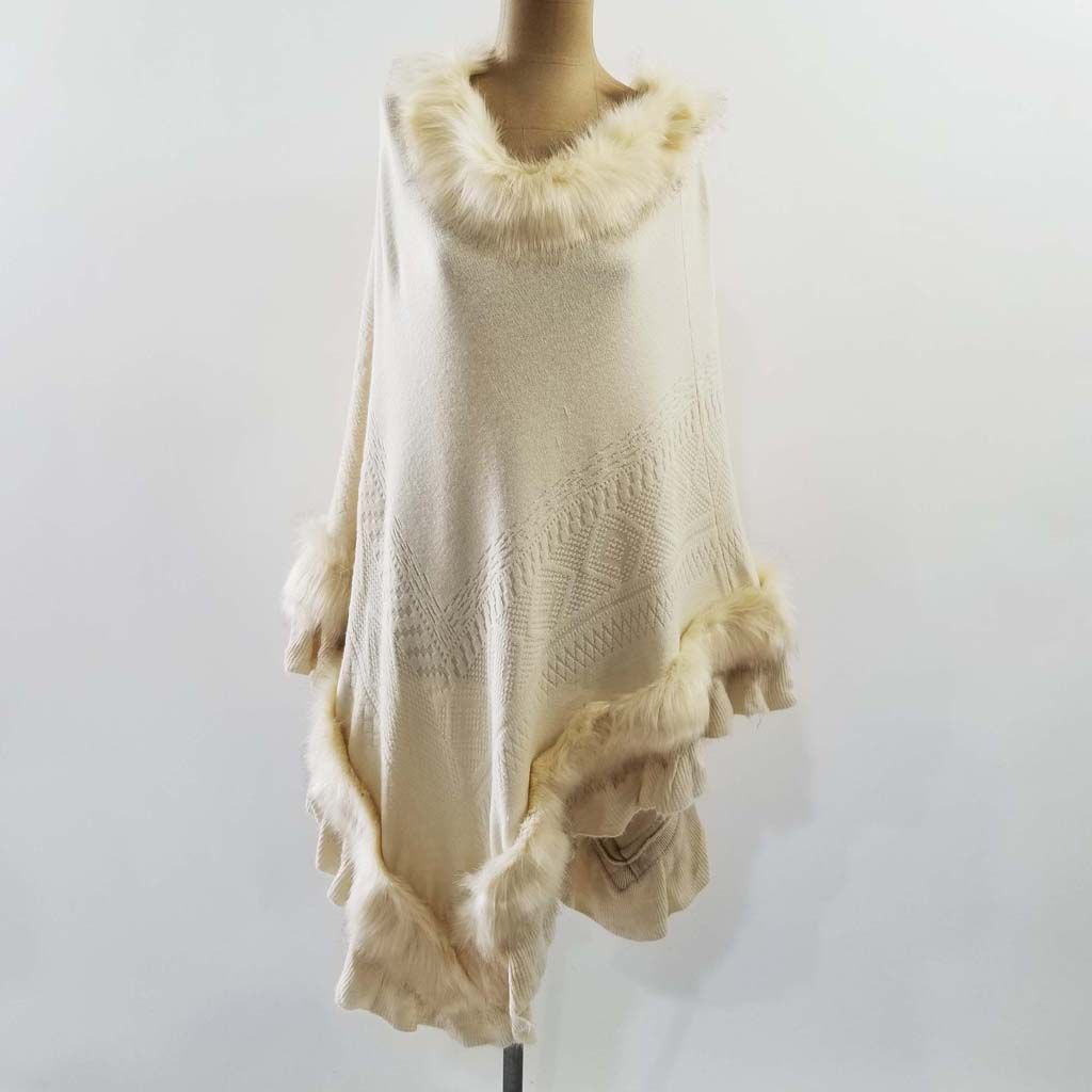Fur Neck and Ruffled Hem Sweater Knit Poncho