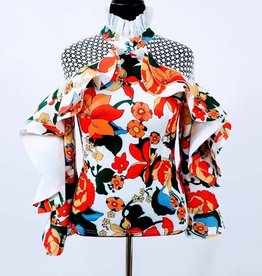 Fashion Terminal Scuba Print Top w Lace and Ruffled Desing on The Sleeve